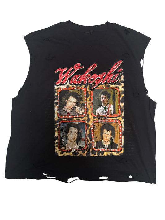 Black Wakoshi Distressed Cut Off T