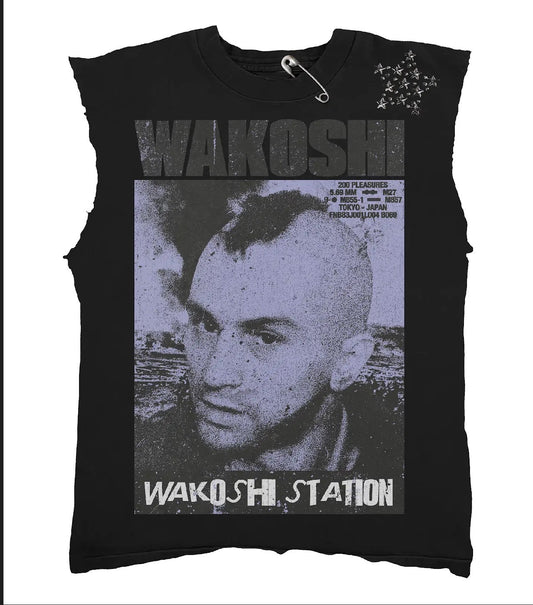 Black Wakoshi Station Distressed Cut Off T